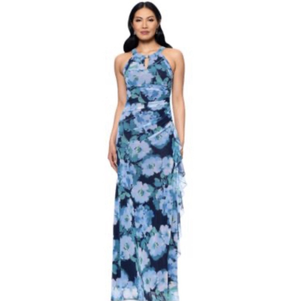 Betsy & Adam floral print mesh halter-neck gown Size 22W Rhinestone Neck Blue
